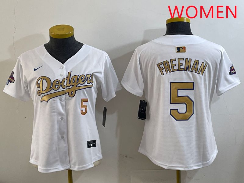 Women Los Angeles Dodgers #5 Freeman White Champion gold character 2025 Nike MLB Jersey style 5